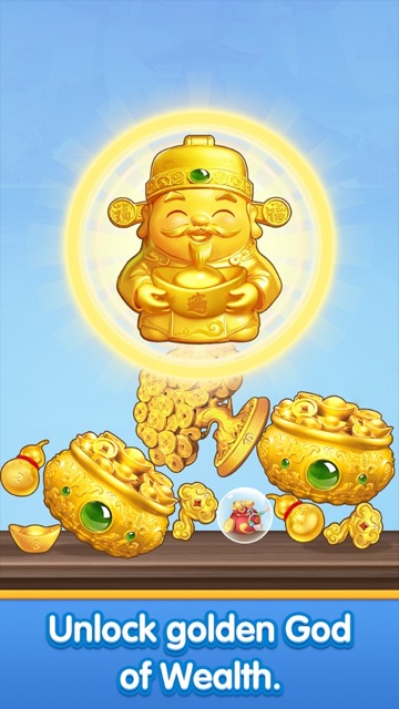 Unlock the golden God of Wealth surrounded by treasure
