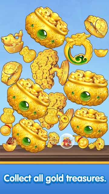 Collection of golden treasure bowls, money trees, and dragon rings
